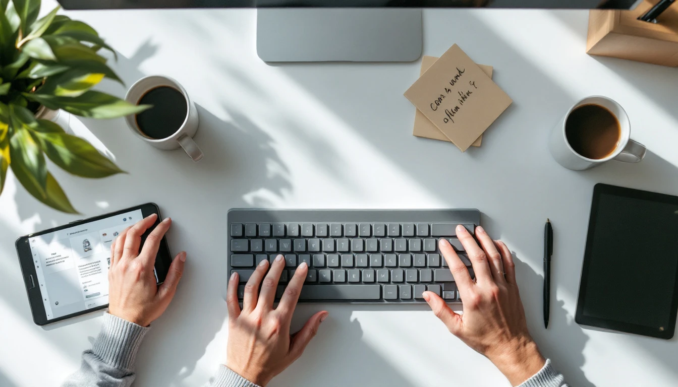 Overhead view of hands typing at keyboard surrounded by smartphone, tablet, and planning materials on desk