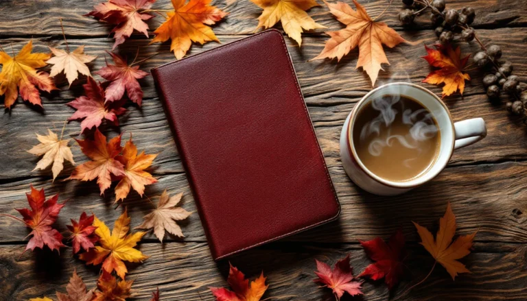 Burgundy leather journal and coffee mug surrounded by autumn leaves on wooden desk in natural light