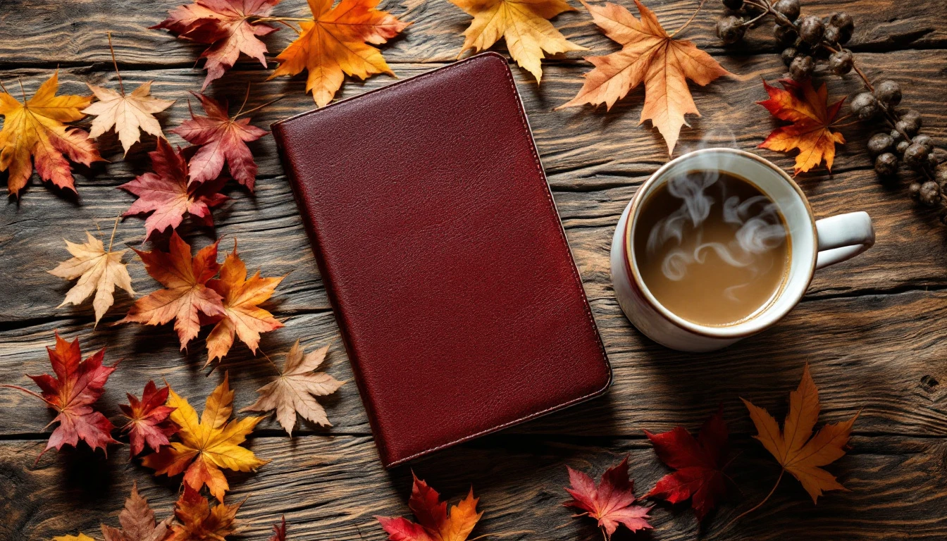 Burgundy leather journal and coffee mug surrounded by autumn leaves on wooden desk in natural light