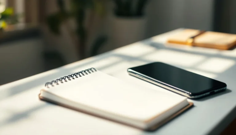 Minimalist desk with blank notebook, coffee cup, and smartphone in natural morning light