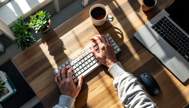 Overhead view of hands typing on keyboard at organized desk with coffee and laptop