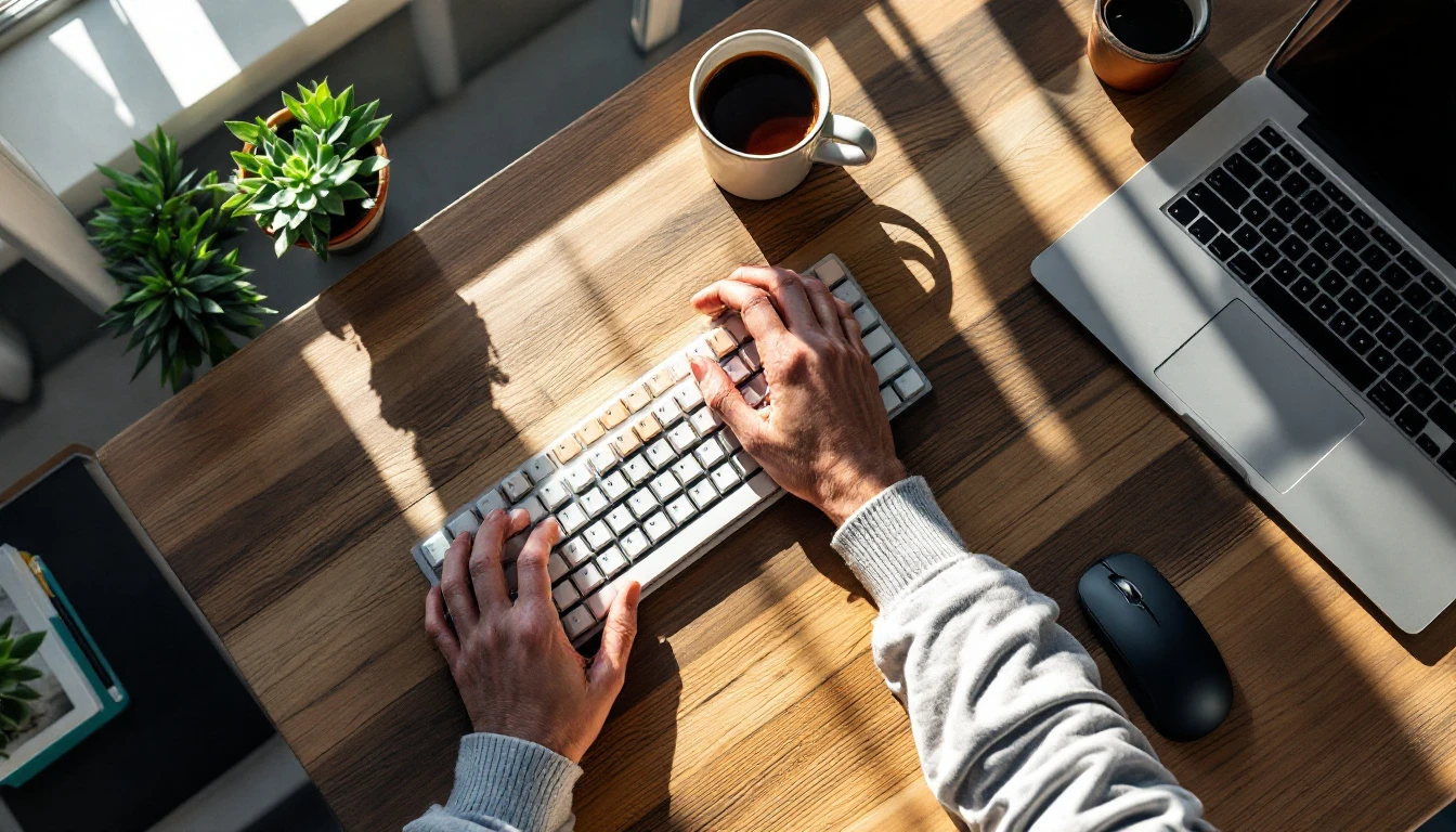 Overhead view of hands typing on keyboard at organized desk with coffee and laptop