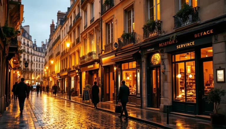 Parisian street at dusk with local service businesses illuminated along cobblestone road in historic district