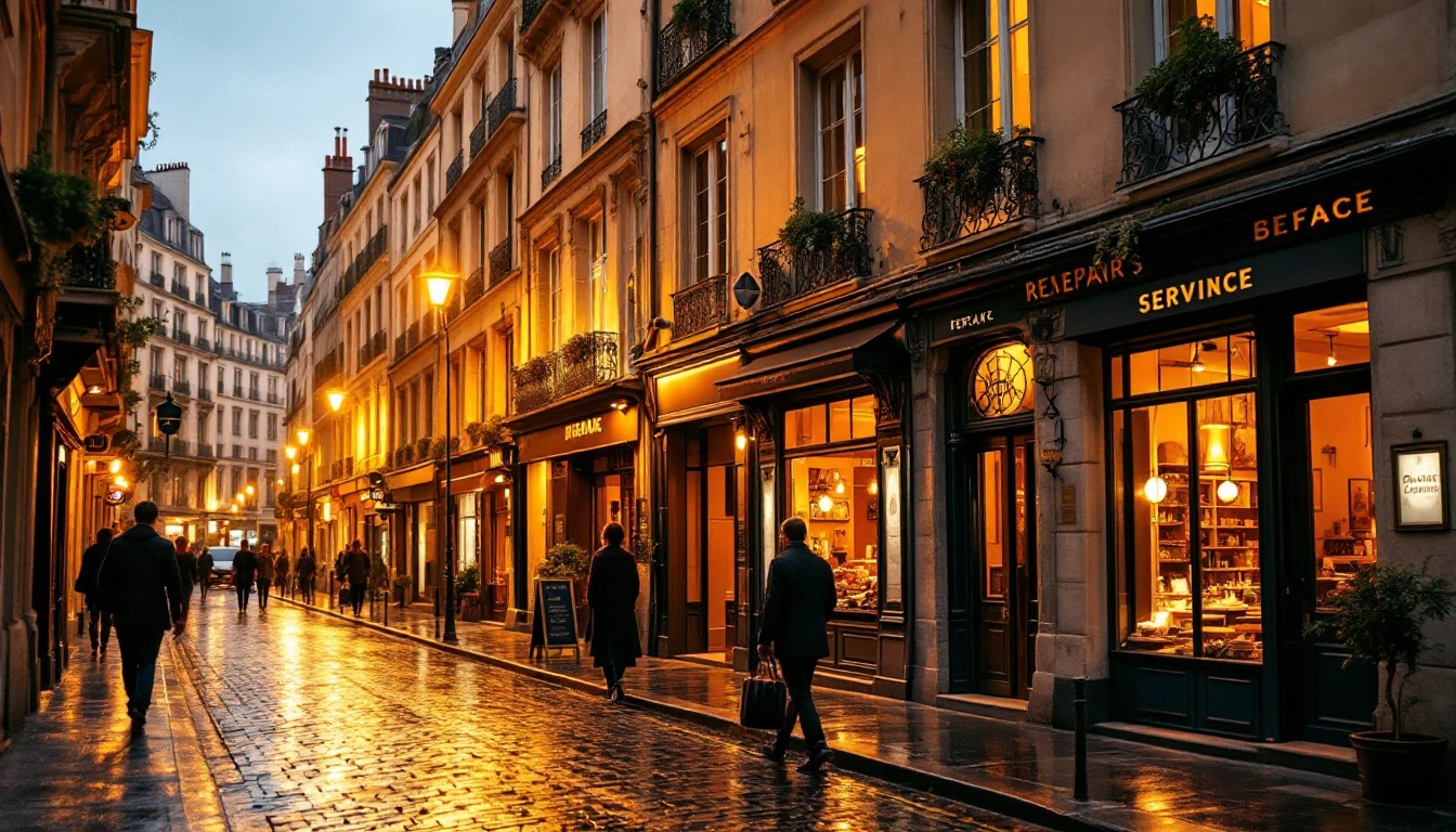 Parisian street at dusk with local service businesses illuminated along cobblestone road in historic district
