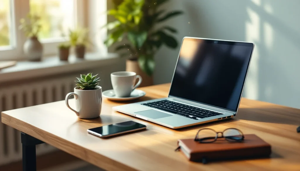 Modern business workspace with laptop, coffee, and desk accessories in natural window lighting