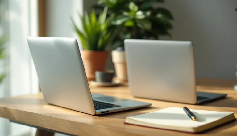 Minimalist desk workspace with laptop viewed from behind, coffee cup, plants, and notebook with pen