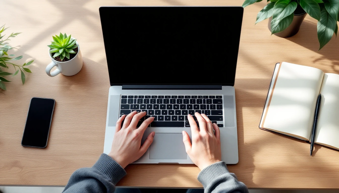 Modern workspace with laptop, coffee, and notebook showing strategic digital marketing work environment