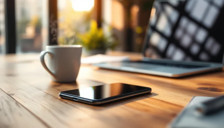 Smartphone on wooden desk with coffee cup and laptop in professional office setting