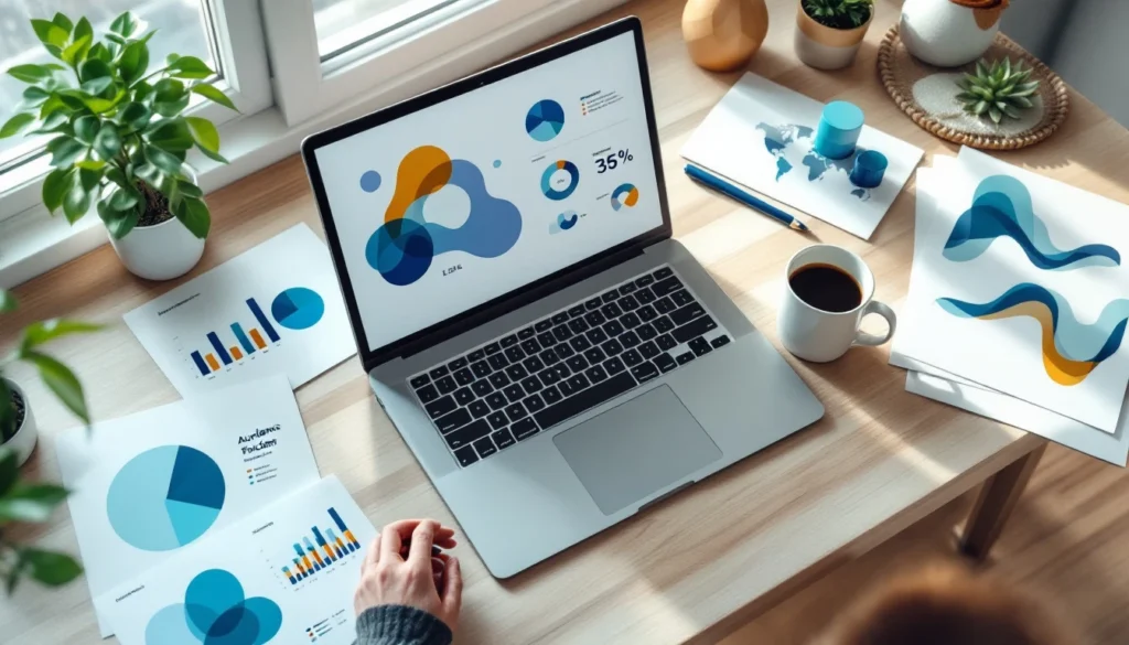 Overhead view of content strategist workspace with laptop, data visualizations, and planning materials