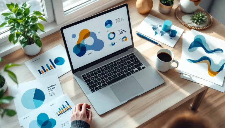 Overhead view of content strategist workspace with laptop, data visualizations, and planning materials