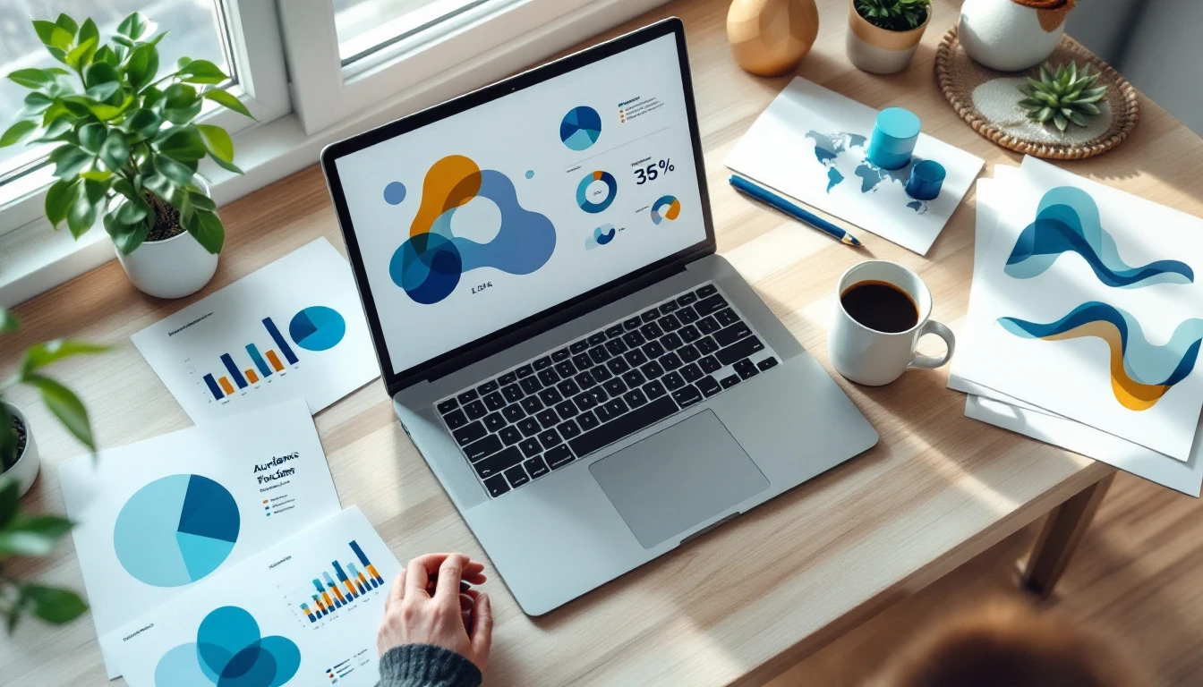 Overhead view of content strategist workspace with laptop, data visualizations, and planning materials