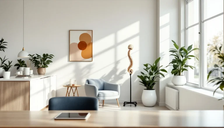 Modern chiropractic clinic interior with wellness artwork, anatomical models, and natural lighting