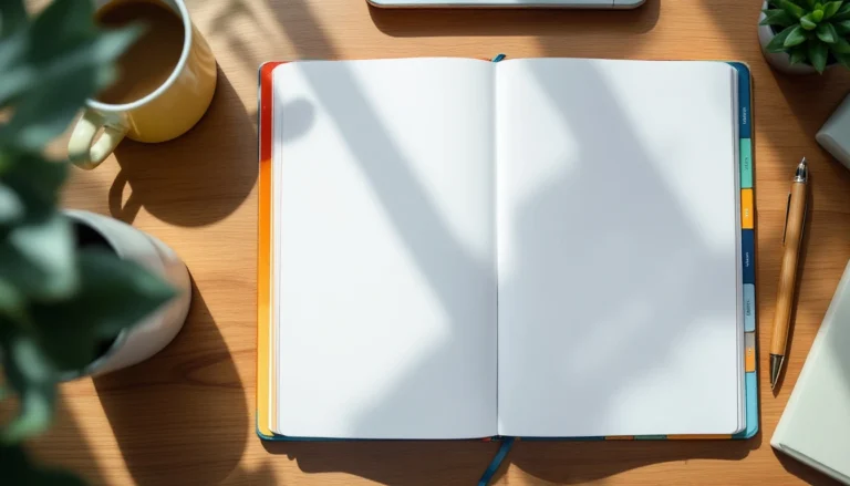 Blank planner journal with color-coded seasonal tabs on minimalist workspace with coffee and succulent