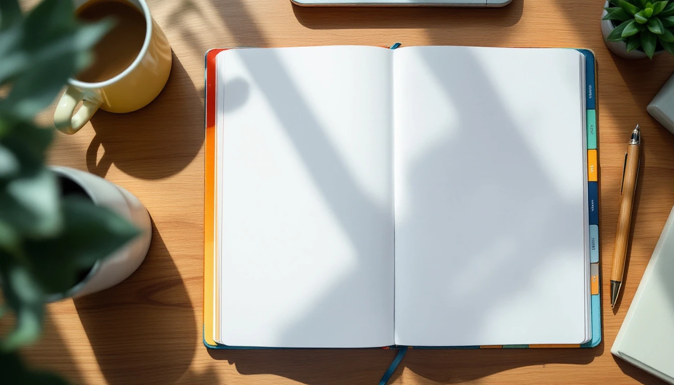 Blank planner journal with color-coded seasonal tabs on minimalist workspace with coffee and succulent