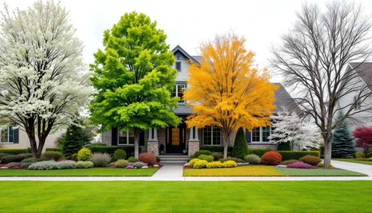 Residential property with landscaping designed to maintain visual appeal throughout spring, summer, fall, and winter