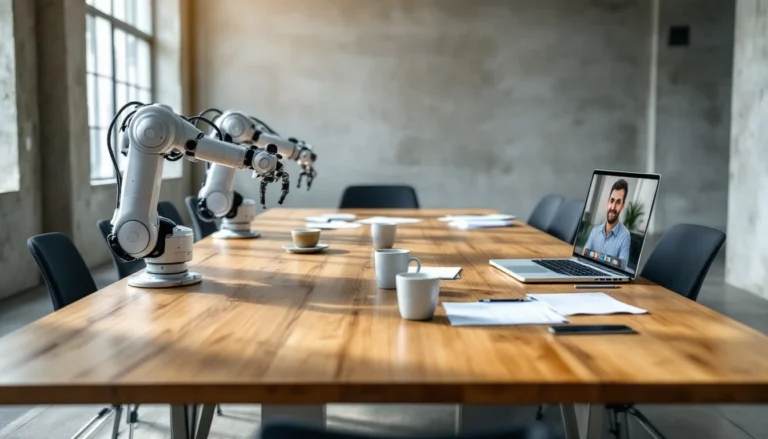 Conference table split between automated machinery components and human workspace with laptop and papers