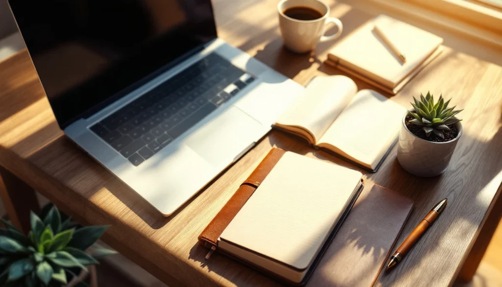 Clean workspace with closed laptop, notebook, coffee, and plant for small business planning