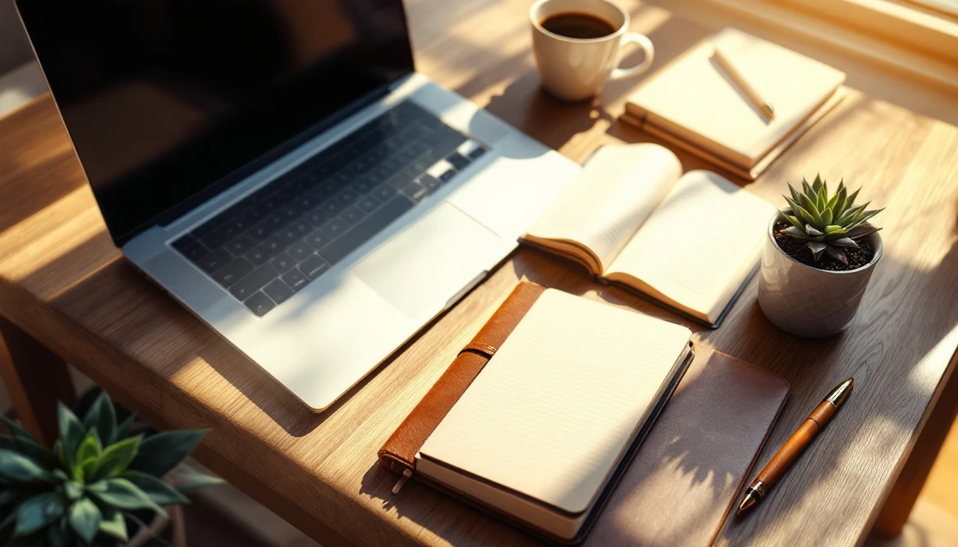 Clean workspace with closed laptop, notebook, coffee, and plant for small business planning