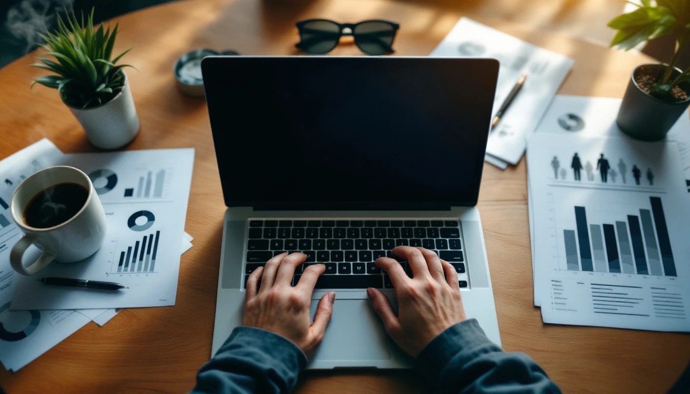 Professional workspace with laptop and blurred analytics materials for digital content strategy planning