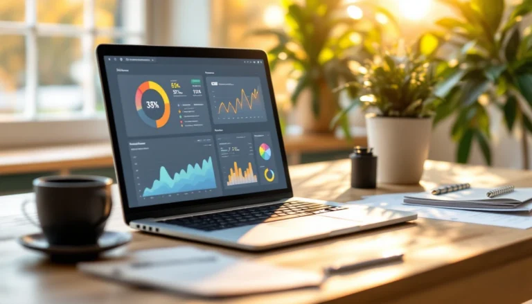 Modern laptop workspace showing analytics dashboard for AI-powered SEO content optimization tools