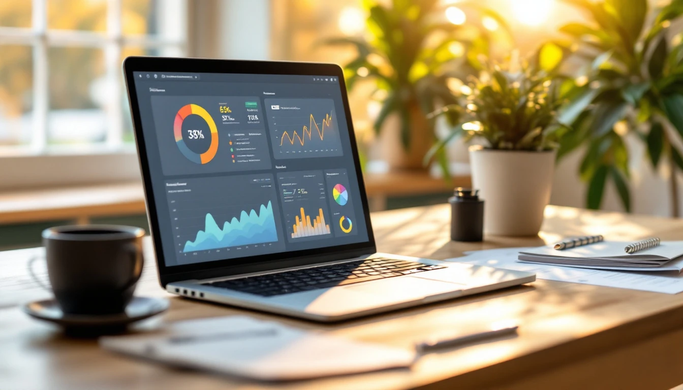 Modern laptop workspace showing analytics dashboard for AI-powered SEO content optimization tools