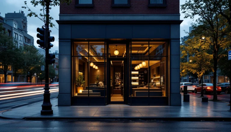 Modern urban storefront at dusk representing local business visibility in AI-driven search