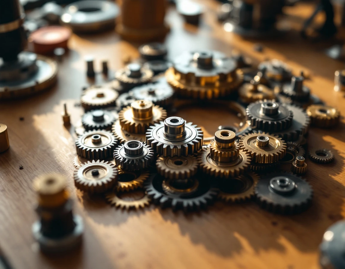 Interconnected gears arranged in a circular loop representing continuous feedback and optimization cycles
