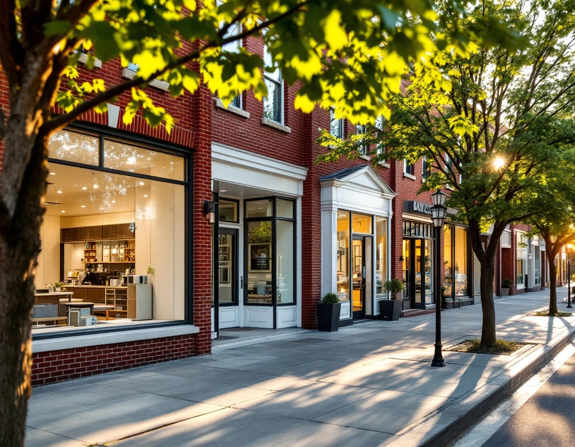 Tree-lined street with brick storefront buildings housing local healthcare and professional service businesses