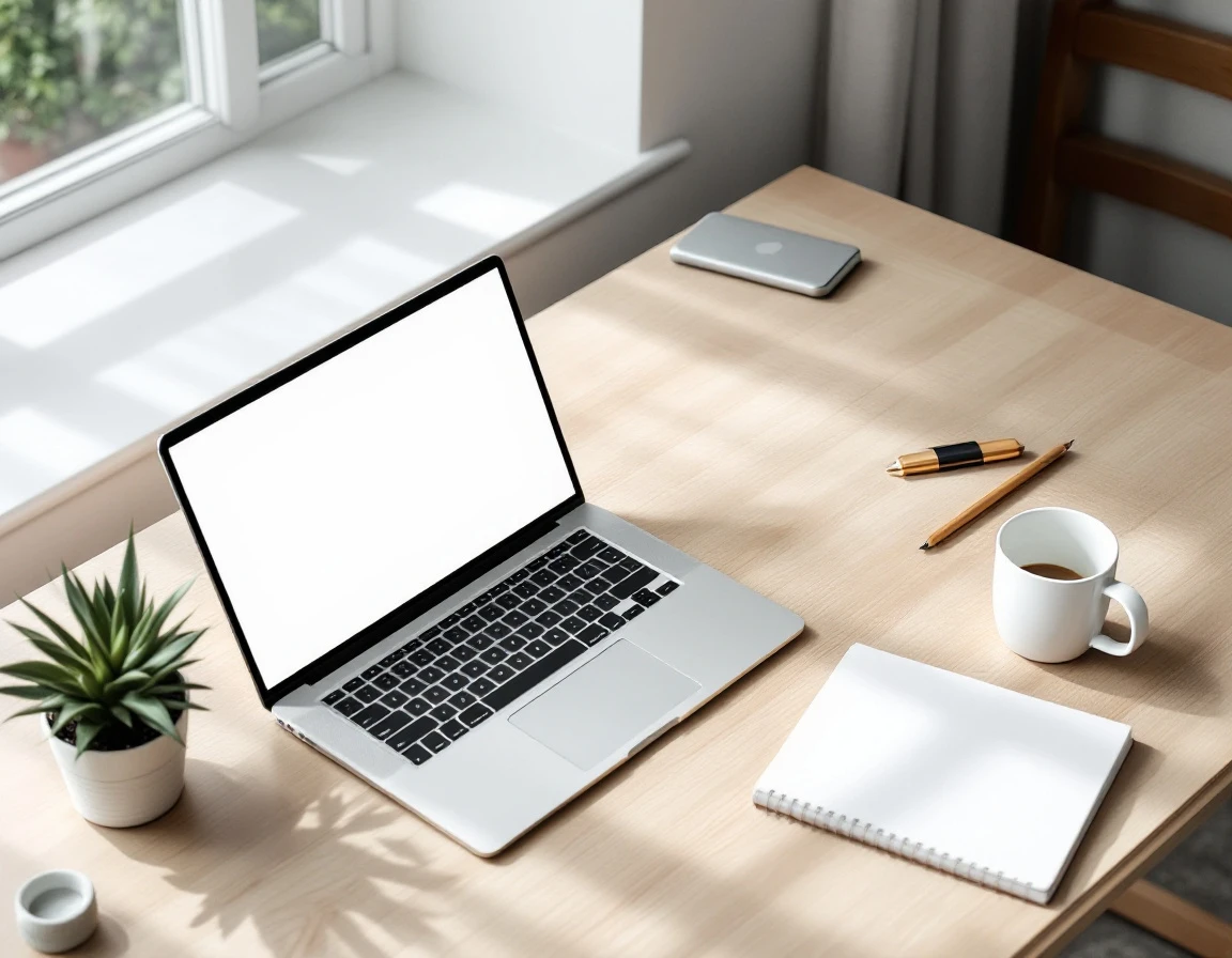 Clean workspace with laptop, notebook, and coffee showing organized content research environment
