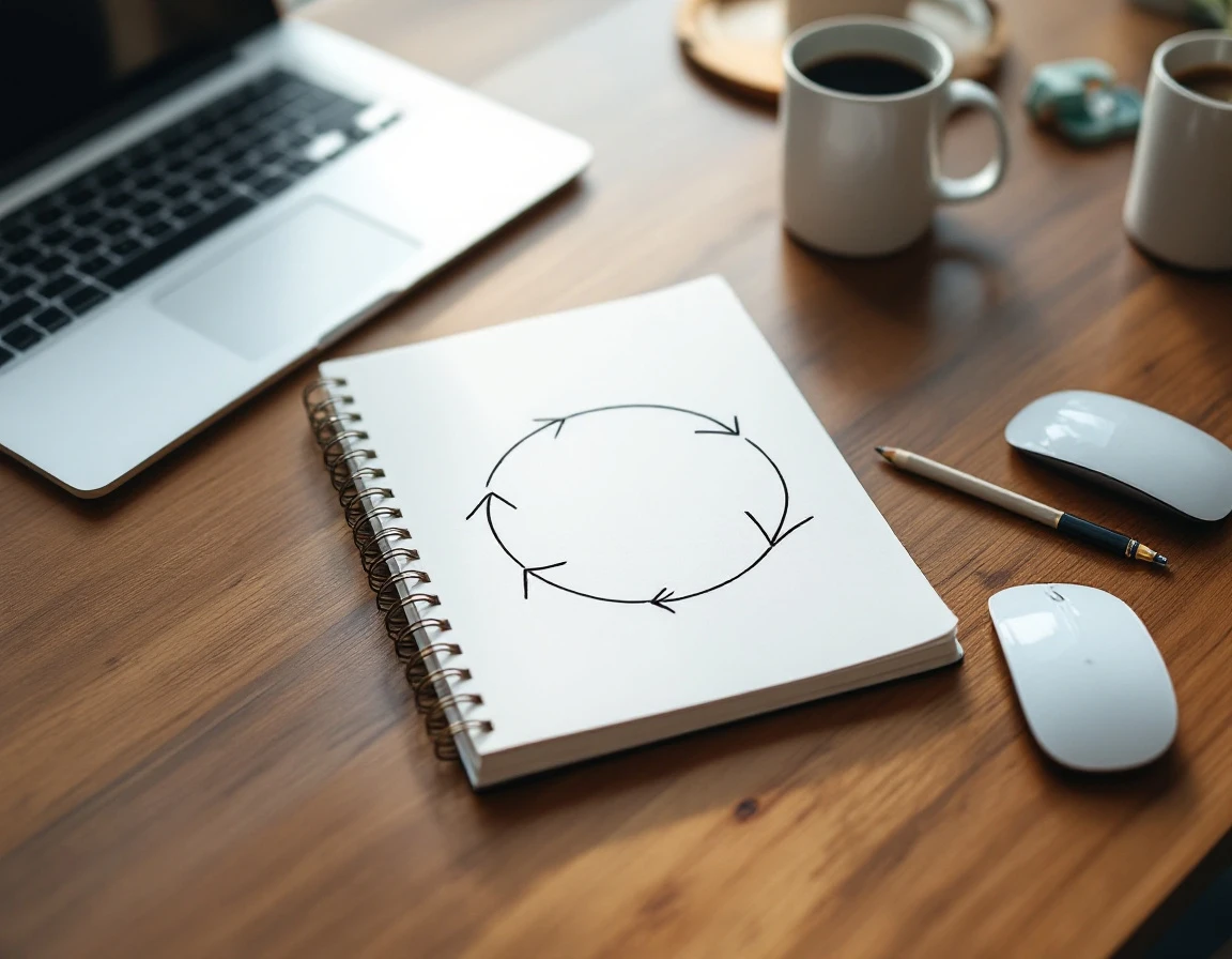 Overhead view of workspace with hand-drawn feedback loop diagram in notebook surrounded by laptop and coffee