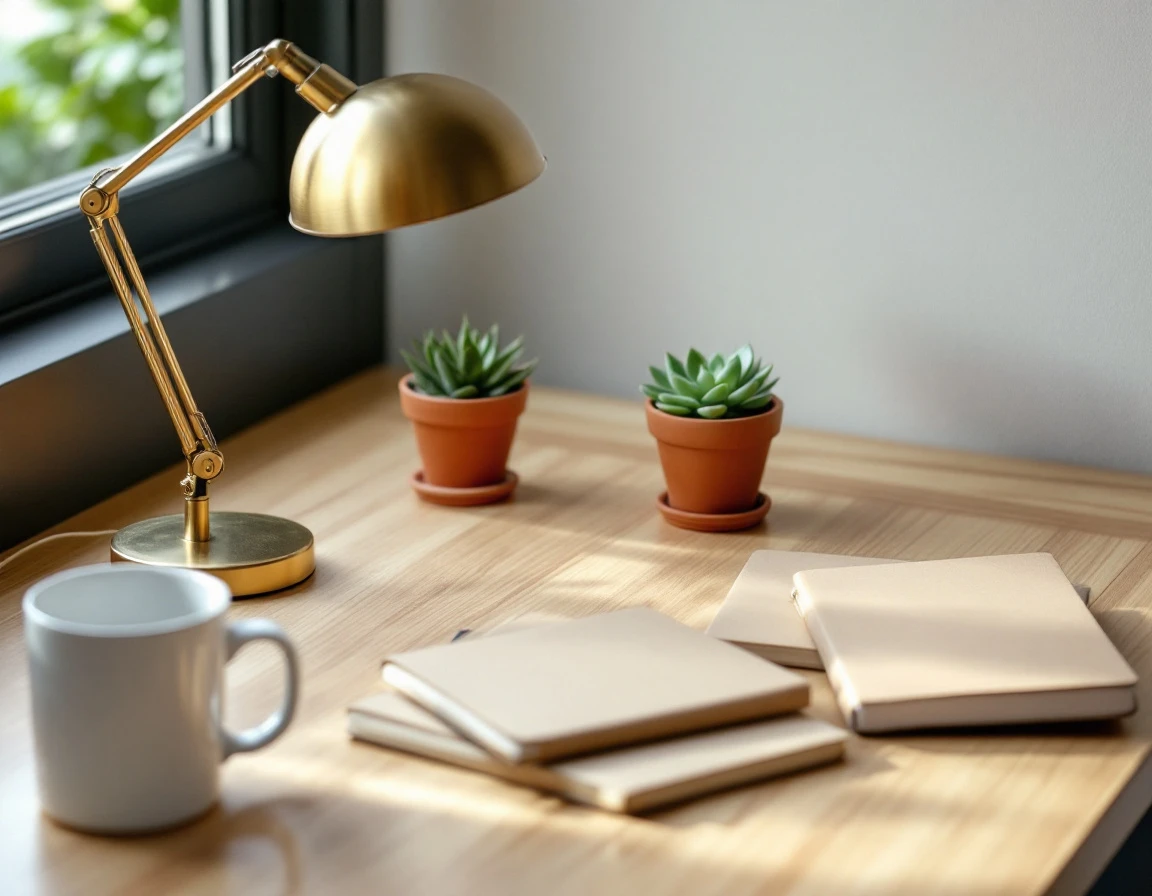 Minimalist desk workspace with brass lamp, succulent plant, and blank notebooks for competitive research planning