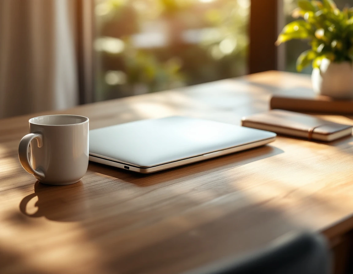 Closed laptop on wooden desk with coffee mug and notebook near window with natural lighting