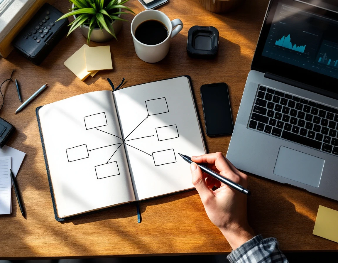 Overhead view of business planning workspace with notebook, laptop, and strategic framework sketches