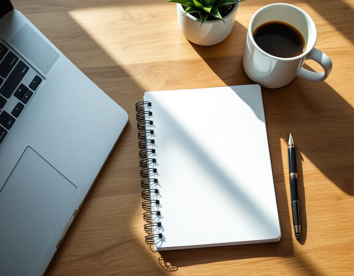 Workspace flatlay with notebook, laptop, coffee, and desk tools for content strategy planning