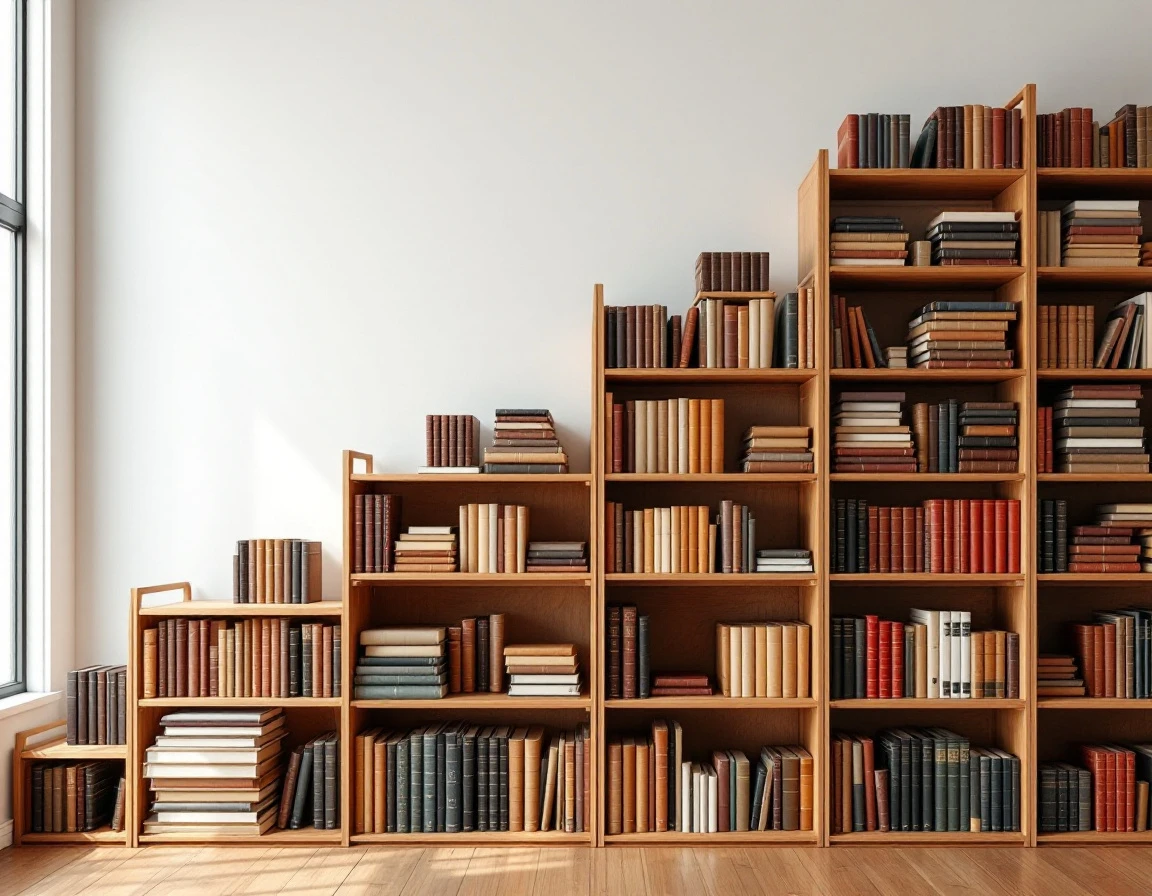 Modern bookshelf showing gradual progression from sparse to densely packed collection representing compound growth