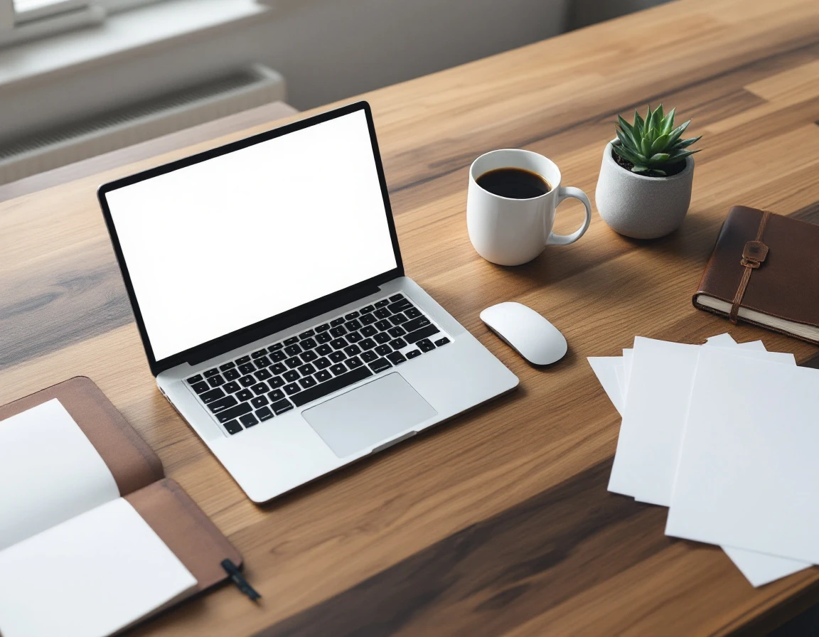 Minimalist workspace with laptop and coffee mug for content verification workflow process