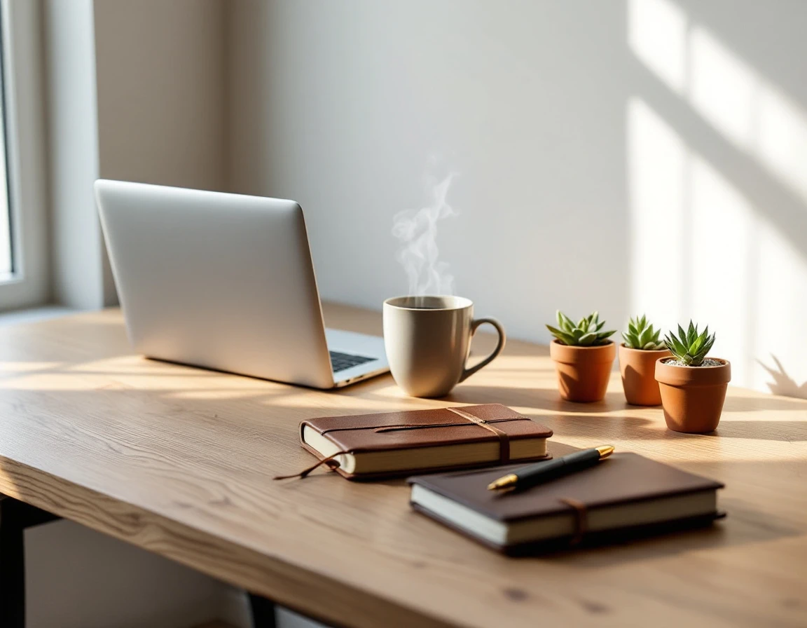 Clean wooden desk workspace with closed laptop, coffee cup, notepad, and succulent plants in natural lighting