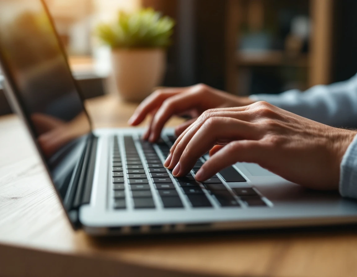 Hands typing on laptop keyboard at modern workspace with natural lighting and shallow depth of field