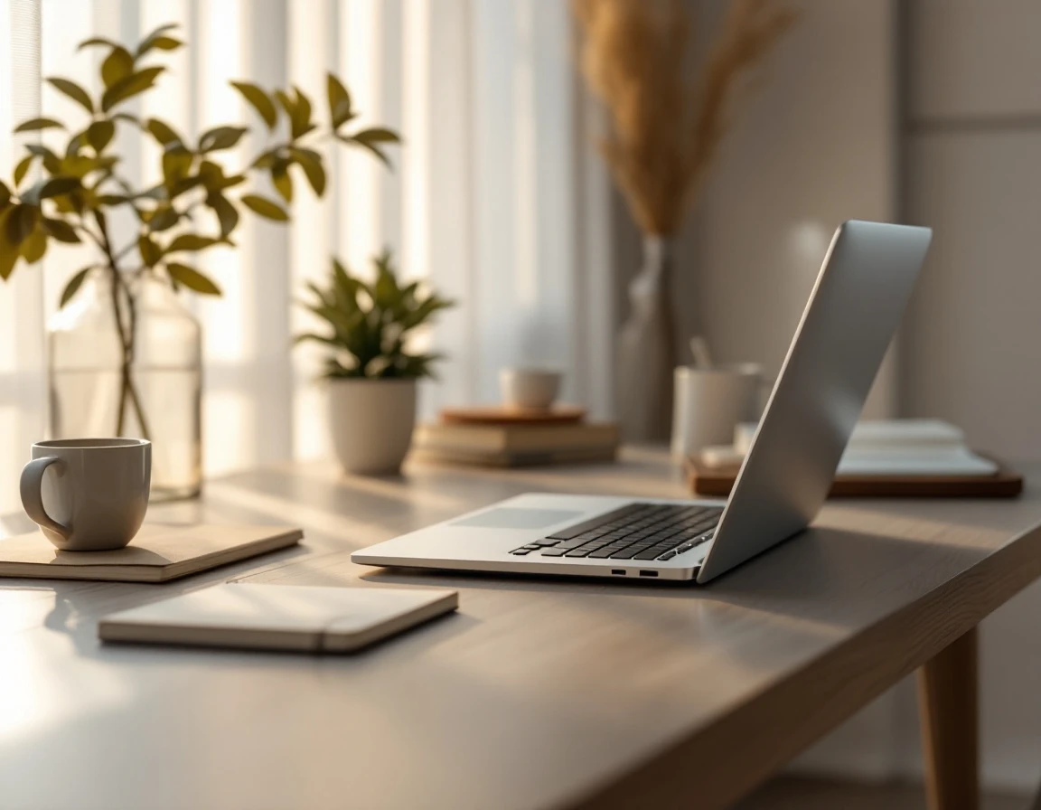 Modern laptop workspace with natural lighting suggesting digital content creation and SEO strategy work