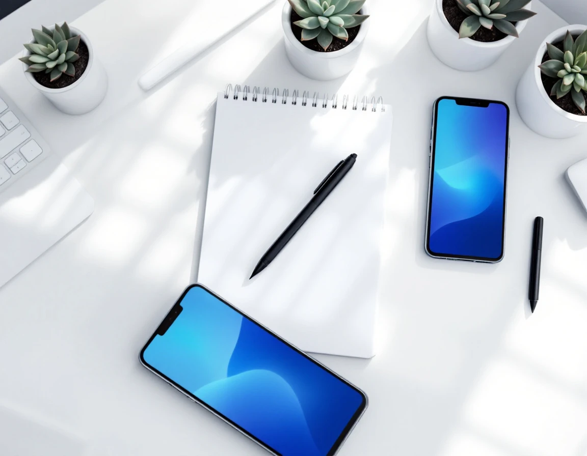 Minimalist desk workspace with notebook, smartphones, and keyboard arranged in clean flat-lay composition
