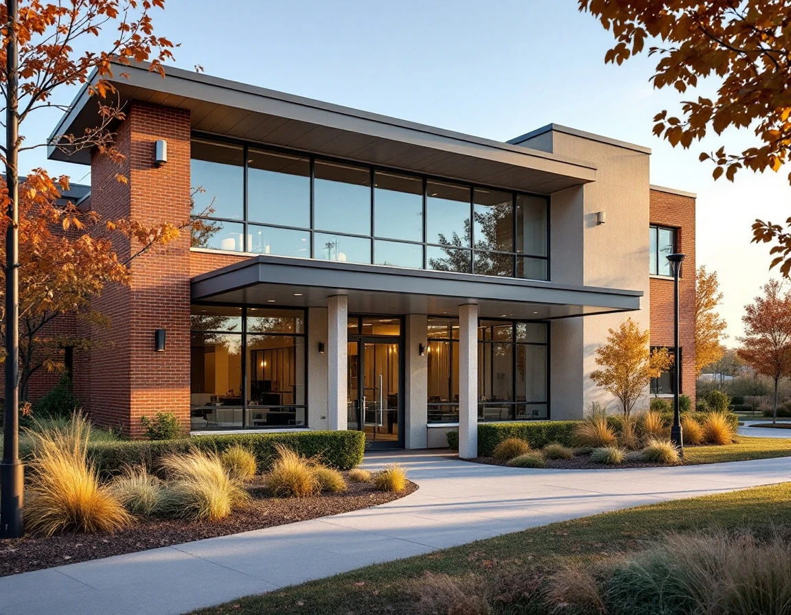 Modern brick healthcare clinic building with contemporary windows and professional landscaping