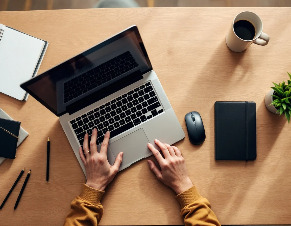 Overhead view of hands typing on laptop at modern office workspace with coffee and notebook