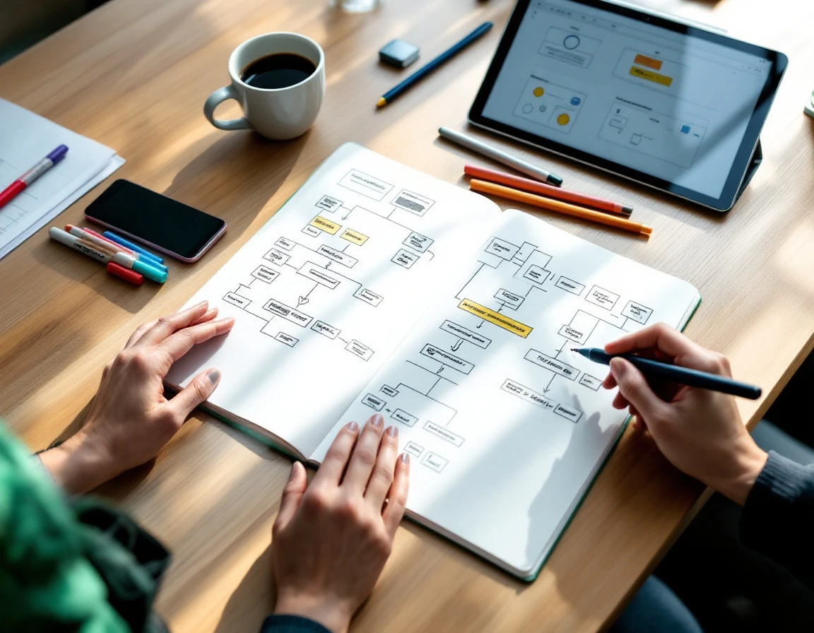 Workspace showing consultant's notebook with simplified diagrams and visual planning materials