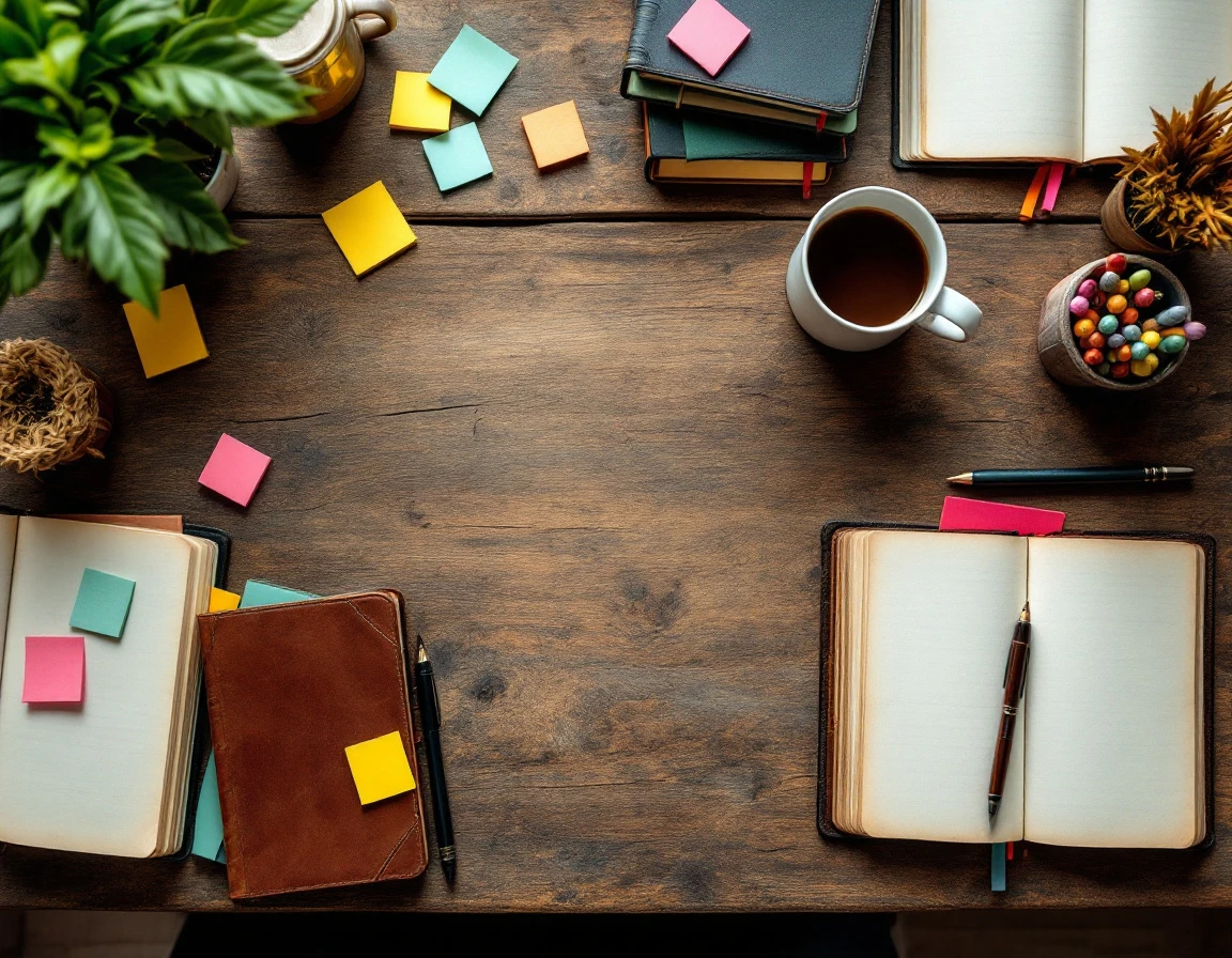 Wooden desk with blank journals, colorful sticky notes, coffee cup and pens arranged for content organization