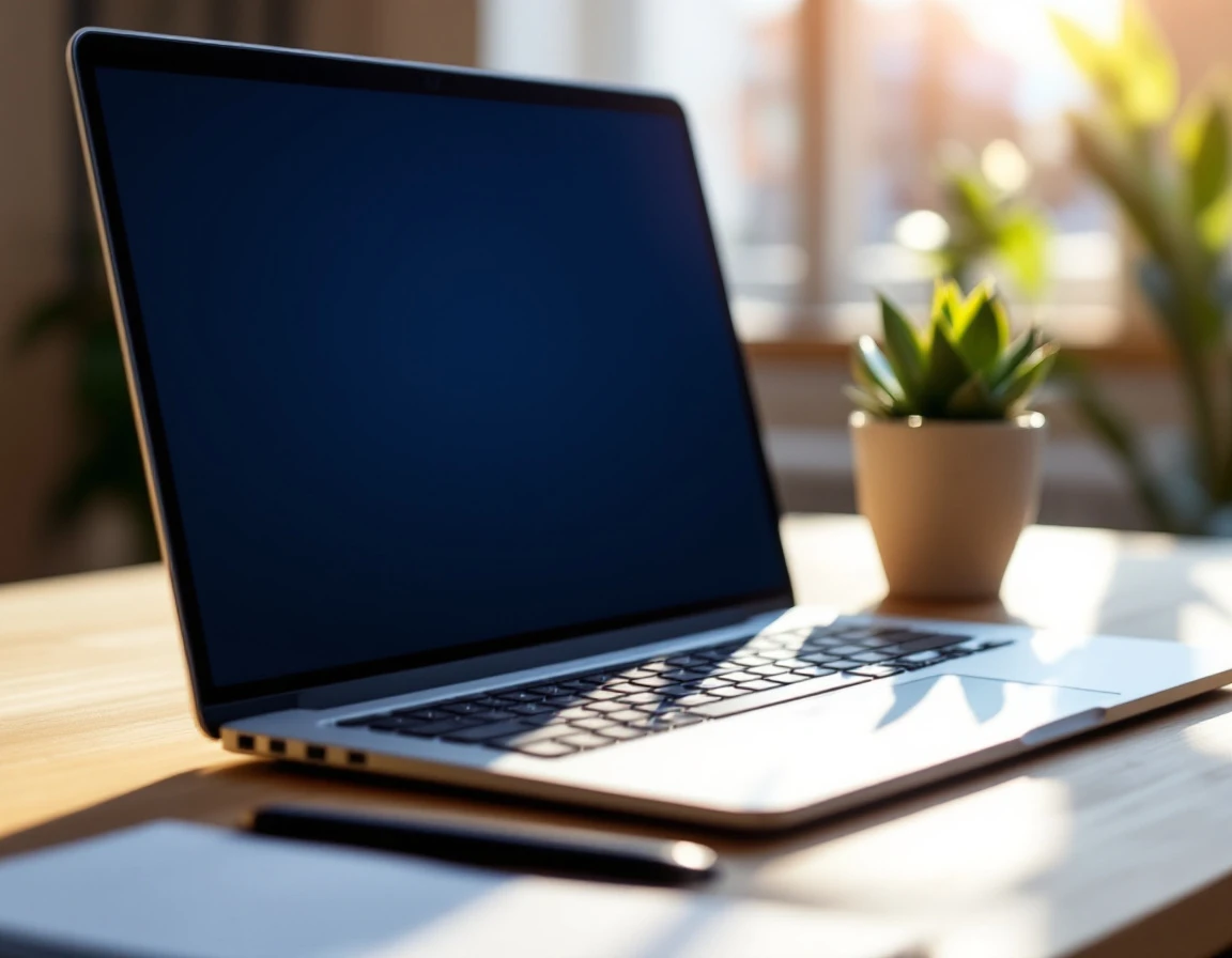 Modern laptop workspace setup with minimal screen display for autonomous AI workflow automation