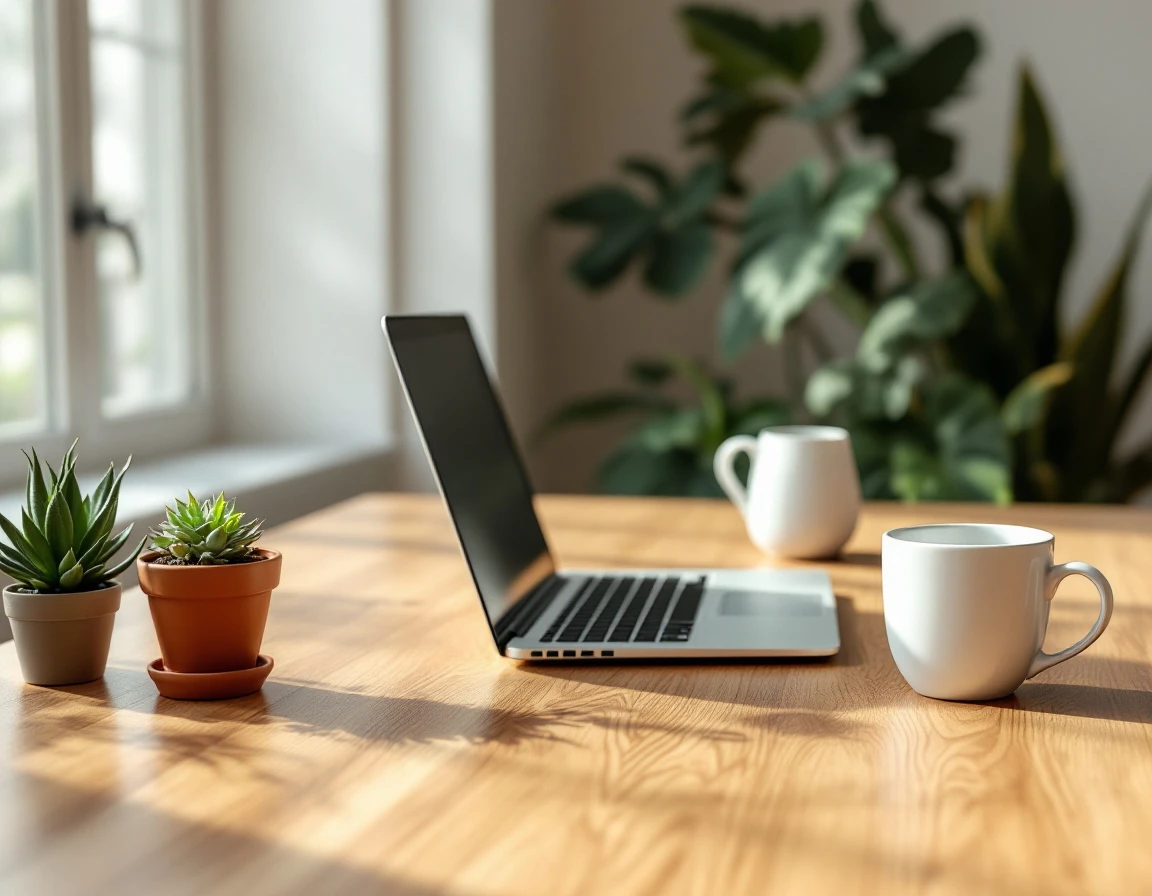 Minimalist workspace with laptop and coffee on wooden desk with natural window lighting