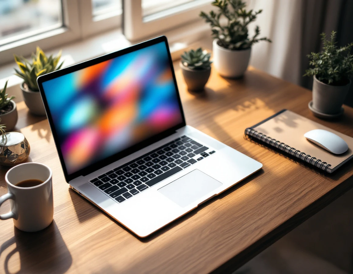 Clean workspace desk with laptop, coffee, and notebook representing streamlined content management workflow
