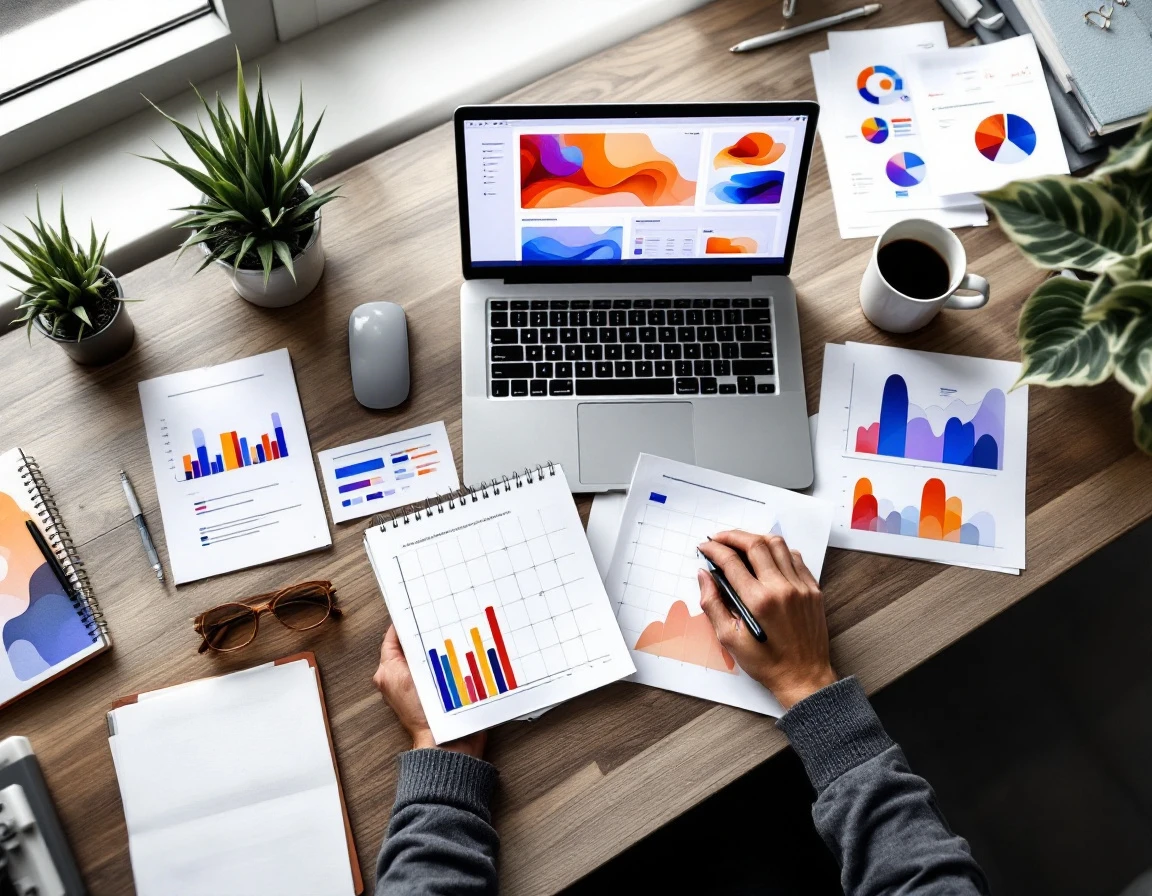 Organized desk workspace with laptop showing abstract data visualizations and blank analytics materials