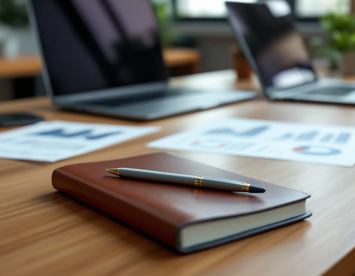 Workspace with notebook and blurred analytics materials for competitive content research