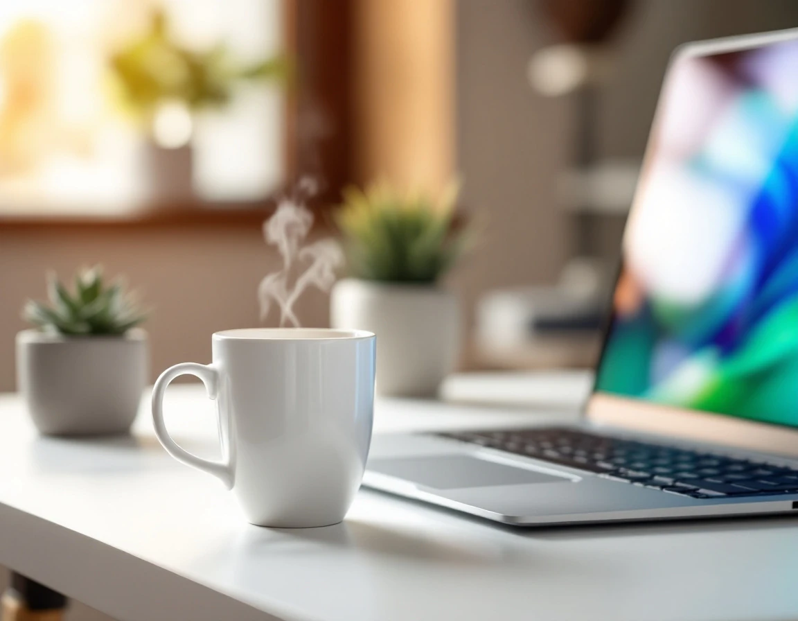 Workspace with coffee, succulent plant, and laptop showing blurred analytics dashboard in morning light